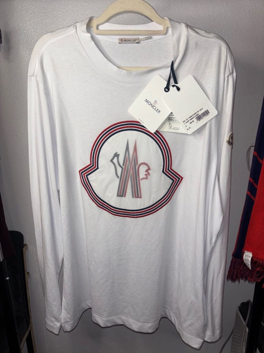Moncler White Tee with Red & Navy Logo Badge